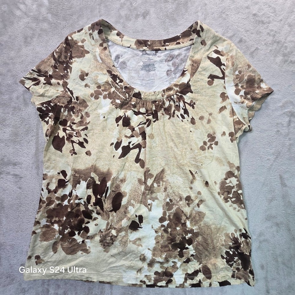 St Johns Bay Womens PL Petite Large Brown Floral Scoop Neck Short Sleeve Top